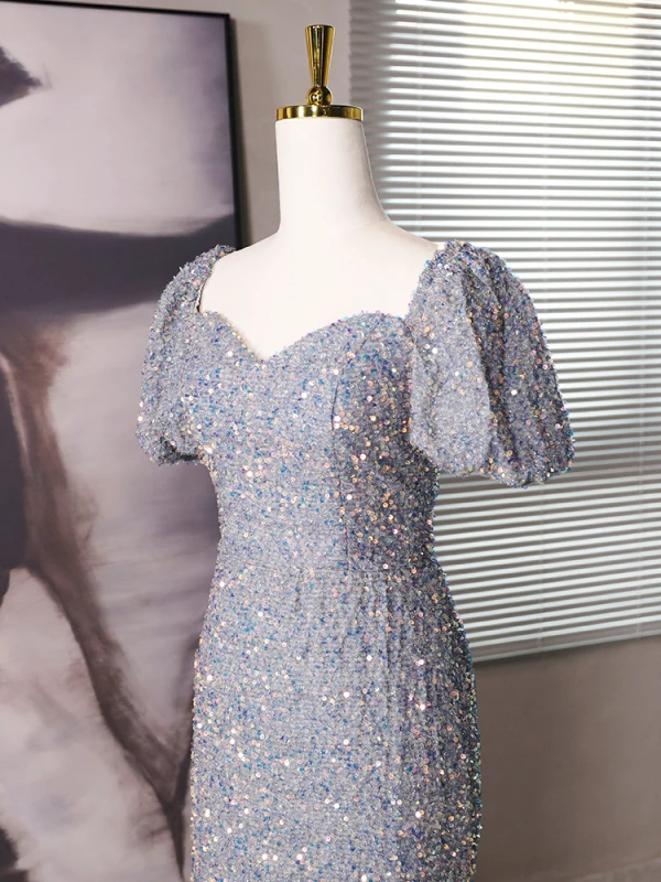 Sparkly Grey Beading Sequins Prom Dresses 2024 Trumpet / Mermaid Square Neckline Short Sleeve Backless Floor-Length / Long Prom Formal Dresses