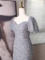 Sparkly Grey Beading Sequins Prom Dresses 2024 Trumpet / Mermaid Square Neckline Short Sleeve Backless Floor-Length / Long Prom Formal Dresses