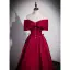 Chic / Beautiful Burgundy Satin Prom Dresses 2022 A-Line / Princess Off-The-Shoulder Bow Short Sleeve Backless Pearl Floor-Length / Long Prom Formal Dresses