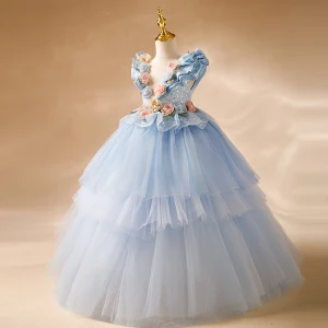 Chic Belle Bleu Ciel Appliques Paillettes Anniversaire Volants En Cascade Robe Ceremonie Fille 2024 Robe Boule Encolure Dégagée Sans Manches Dos Nu Longue