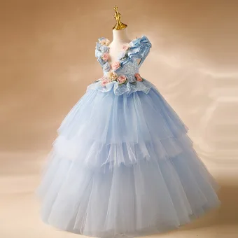 Chic Belle Bleu Ciel Anniversaire Paillettes Volants En Cascade Appliques Robe Ceremonie Fille 2024 Robe Boule Encolure Dégagée Sans Manches Dos Nu Longue