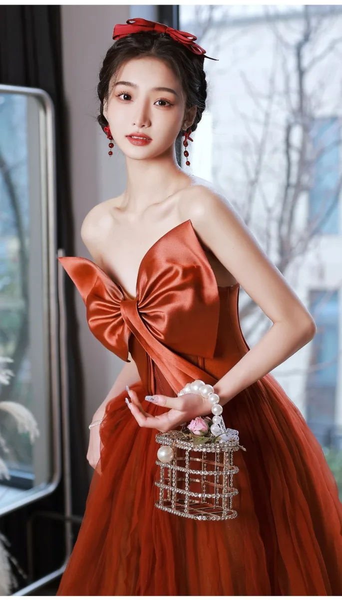 strapless open back dress Wine Red Satin Mermaid Long Party Dress with Bow, Wine Red Off Shoulde –  Cutedressy
