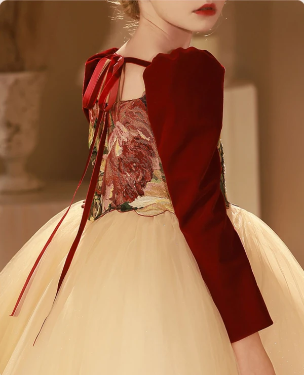 Chic / Beautiful Burgundy Printing Birthday Flower Girl Dresses 2024 Ball Gown Square Neckline Long Sleeve Backless Tea-length
