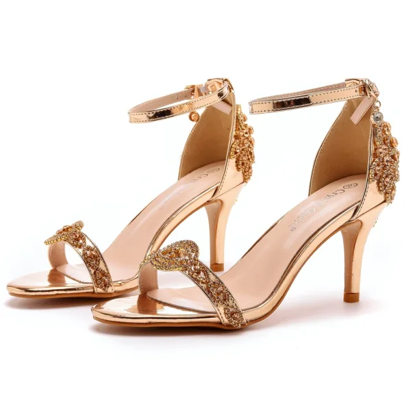 Sexy Champagne Evening Party Rhinestone Womens Sandals 2023 Ankle Strap 7 cm Stiletto Heels Open / Peep Toe Sandals High Heels