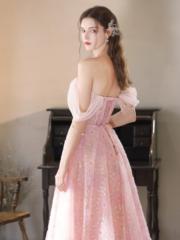 Lovely Blushing Pink Beading Lace Flower Prom Dresses 2024 A-Line Princess Sleeveless