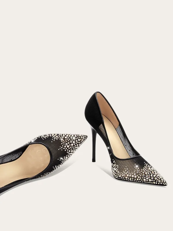 Charming Black See-through Rhinestone Prom Pumps 2025 Leather 10 cm Stiletto Heels Pointed Toe Pumps High Heels