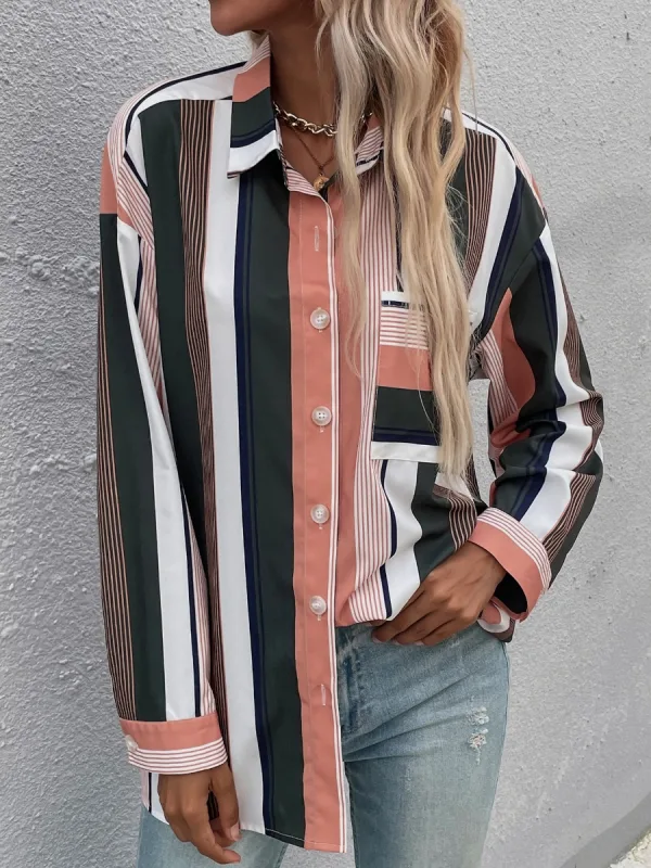 Fashion Women Multi-Colors Stripe Loose Blouses 2021 Lapel Long Sleeve Street Wear