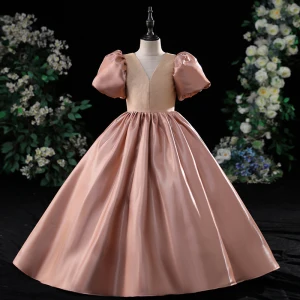 Chic Belle Rougissant Rose Satin Robe Ceremonie Fille 2022 Robe Boule V Cou Gonflée Manches Courtes Dos Nu Longue Promo Robe Ceremonie Fille