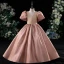 Chic / Beautiful Blushing Pink Satin Flower Girl Dresses 2022 Ball Gown V-Neck Puffy Short Sleeve Backless Floor-Length / Long Prom Flower Girl Dresses