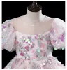 Hermoso Rosa Clara Gala Vestidos para niñas Ball Gown 2022 Scoop Escote Rebordear Multi-Colors Lentejuelas Hinchado Manga Corta Largos Vestidos para niñas