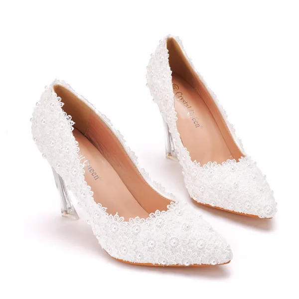 Elegant White Pearl Lace Flower Wedding Shoes 2022 9 cm Stiletto Heels Pointed Toe Wedding Pumps High Heels