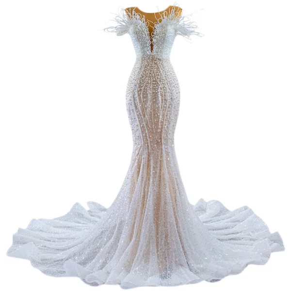 Luxury / Gorgeous Ivory Pearl Tassel Sequins Wedding Dresses 2022 Trumpet / Mermaid Scoop Neck Sleeveless Sweep Train Wedding