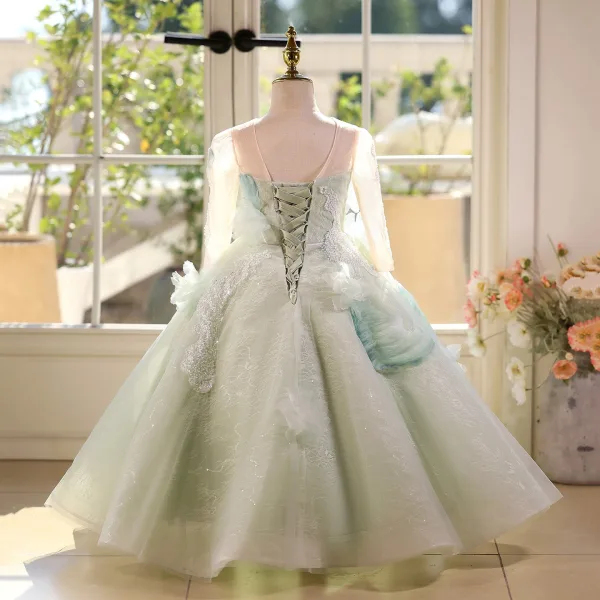 Élégant Vert Cendré Perlage Appliques Anniversaire Robe Ceremonie Fille 2026 Robe Boule Encolure Dégagée Manches Longues Dos Nu Longue Tulle