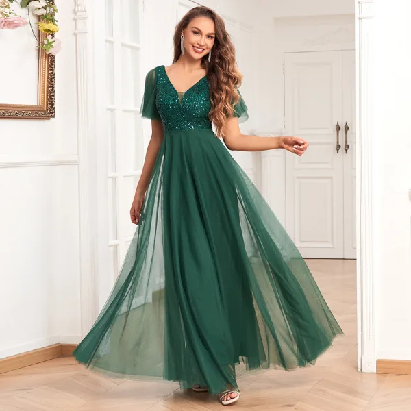 Simple Vert Foncé Paillettes Robe De Bal 2024 Princesse V-Cou Manches Courtes Dos Nu Longue Promo Robe De Ceremonie