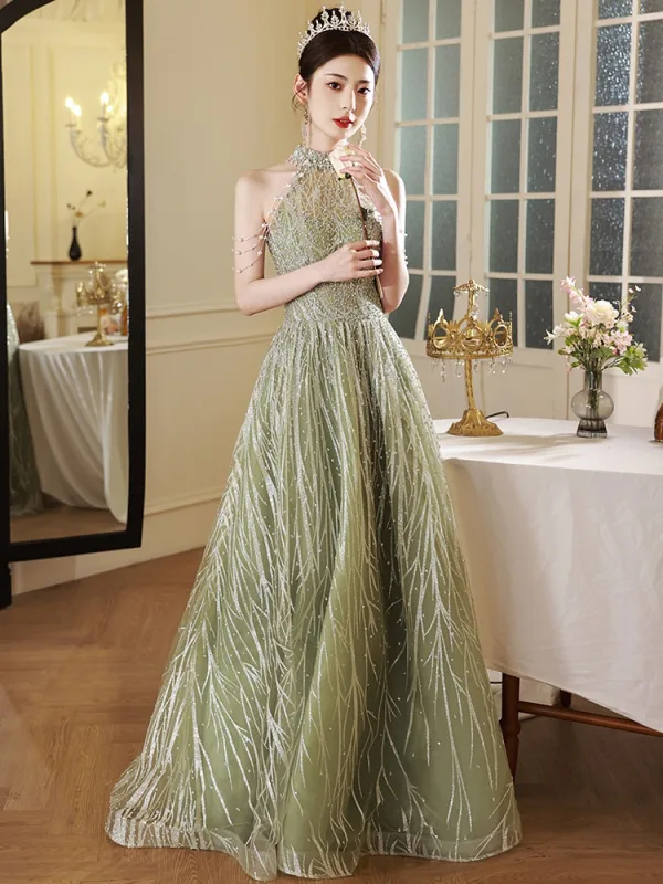 Charming Sage Green Beading Pearl Sequins Prom Dresses 2024 A-Line / Princess Halter Sleeveless Backless Floor-Length / Long Prom Formal Dresses