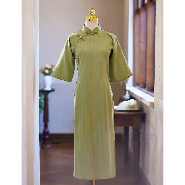 Chinese style Sage Green Tea-length Cheongsam / Qipao 2024 Trumpet / Mermaid High Neck 1/2 Sleeves Prom