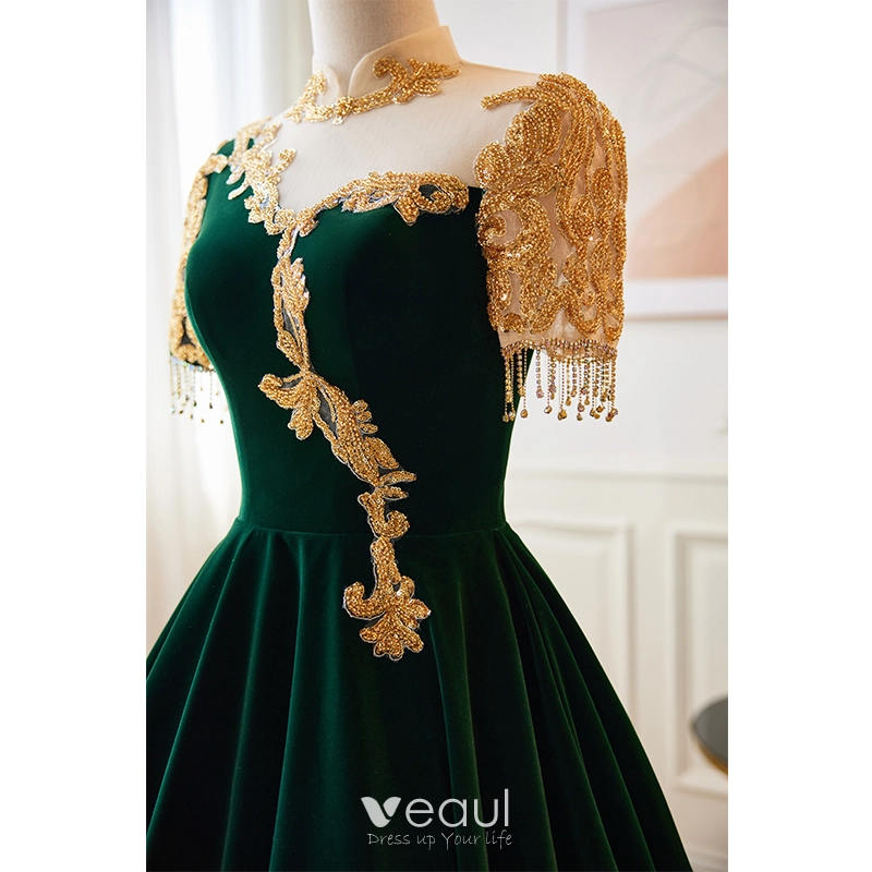 Vintage Retro Dark Green Velvet Beading Rhinestone Tassel Prom Dresses 2023 A-Line High