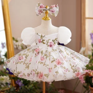Chic Beautiful White Printing Birthday Short Flower Girl Dresses 2022 Ball Gown Square Neckline Puffy Short Sleeve Backless Bow Flower Girl Dresses