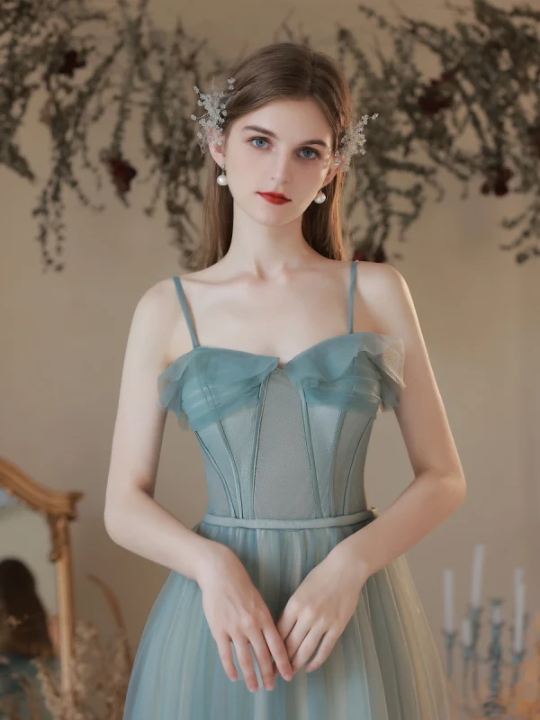 Simple Bleu Ciel Robe De Bal 2022 Princesse Bretelles Spaghetti Sans Manches Dos Nu Noeud Longue Robe De Ceremonie