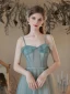 Simple Bleu Ciel Robe De Bal 2022 Princesse Bretelles Spaghetti Sans Manches Dos Nu Noeud Longue Robe De Ceremonie