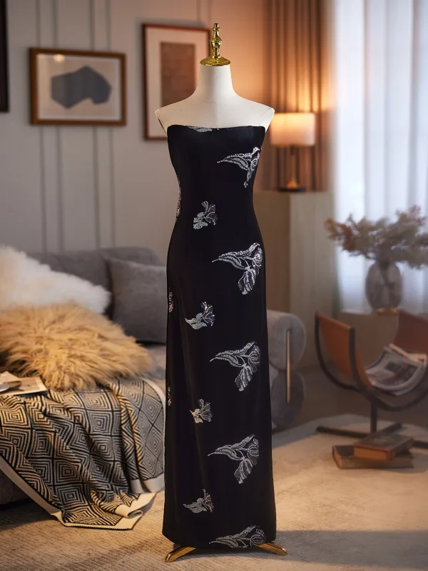 Sexy Black Sequins Evening Party Floor-Length / Long Cheongsam 2026 Trumpet / Mermaid Strapless Sleeveless Backless