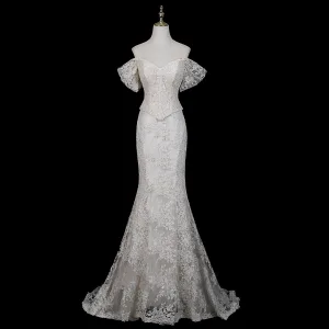 High End White Beading Lace Flower Corset Wedding Dresses 2026 Trumpet Mermaid Off The Shoulder Short Sleeve Backless Sweep Train