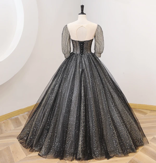 Sparkly Black Sequins Prom Dresses 2022 Ball Gown Scoop Neck 1/2 Sleeves Backless Floor-Length / Long Prom Formal Dresses