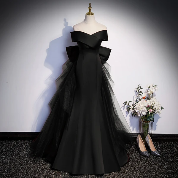 Sexy Burgundy Evening Dresses 2023 Trumpet / Mermaid Off-The-Shoulder Sleeveless Backless Bow Sweep Train Evening Party Formal Dresses