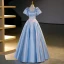 Elegant Sky Blue Satin Beading Pearl Lace Flower Prom Dresses 2023 Ball Gown Square Neckline Puffy Short Sleeve Bow Backless Floor-Length / Long