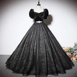 Élégant Noire Glitter Robe De Bal 2023 Robe Boule Encolure Carrée Faux Diamant Manches Courtes Dos Nu Noeud Longue Promo Robe De Ceremonie