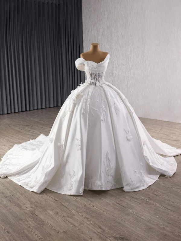 High End Weiß Handgefertigt Perlenstickerei Pailletten Applikationen Brautkleider / Hochzeitskleider 2025 Ballkleid One-Shoulder Ärmellos Rückenfreies Hof-Schleppe