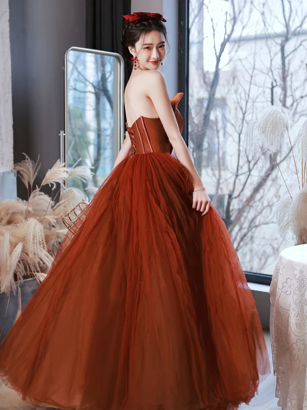 Audrey Hepburn Style Red Bow Strapless Prom Dresses 2022 A-Line / Princess Sleeveless Backless Floor-Length / Long Prom Formal Dresses