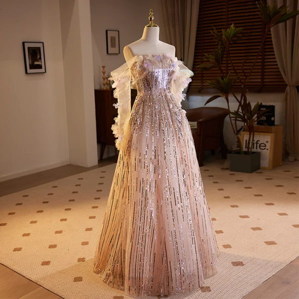 Scintillantes Haut de Gamme Rougissant Rose Perle Appliques Paillettes Robe De Soirée 2023 Princesse De l'épaule 3/4 Manches Dos Nu Longue Soirée Robe De Ceremonie