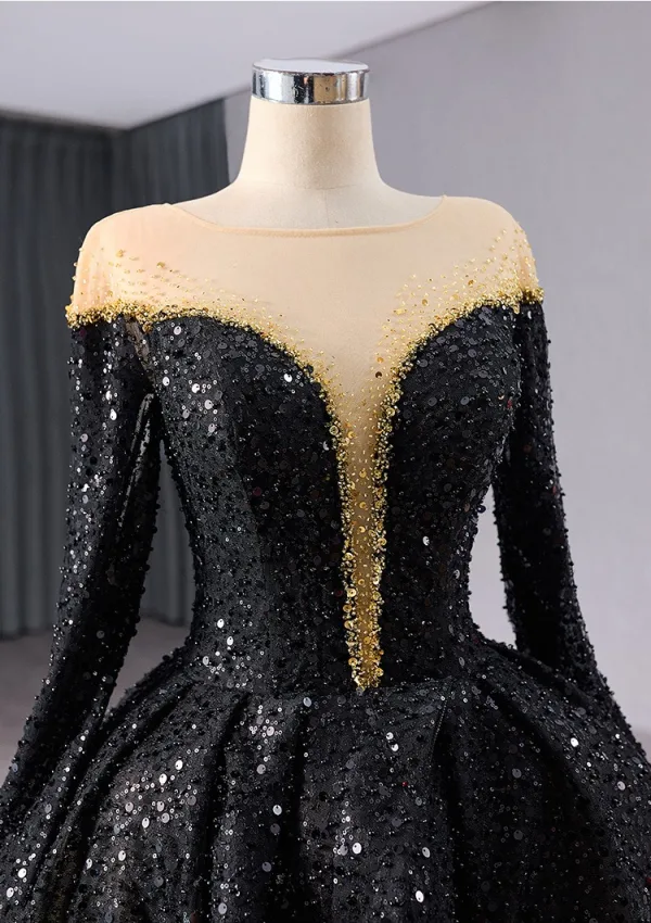 Ungewöhnlich Luxus / Herrlich Schwarz Perlenstickerei Pailletten Multifarben Feder Ballkleider 2024 Ballkleid Rundhalsausschnitt Lange Ärmel Hof-Schleppe Ball Festliche Kleider