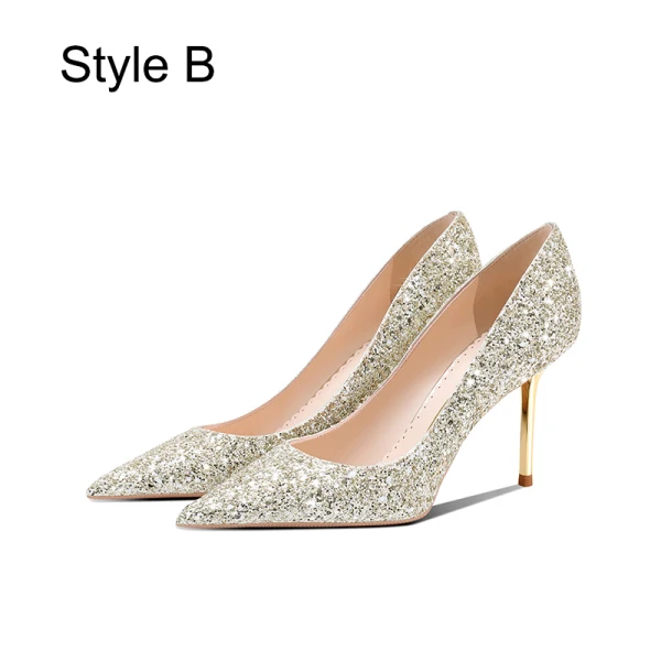 Glitzernden Rosa Pailletten Leder Brautschuhe 2024 8 cm Stilettos Spitzschuh Hochzeit Pumps Hochhackige