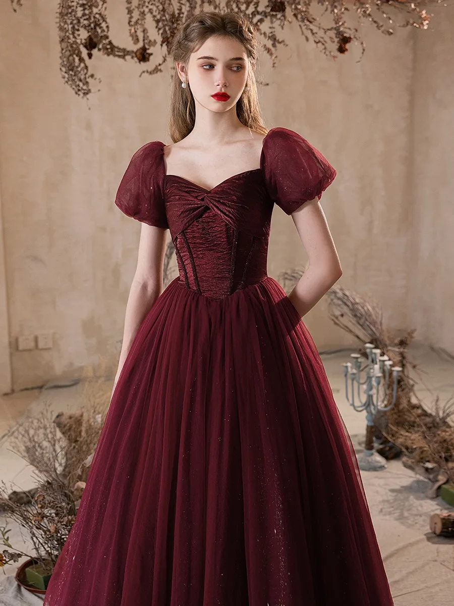 knee length dresses for ladies Burgundy A-line Floor-Length Satin Solid Color Prom Dresses Backless S –  Simplepromdress main image 1