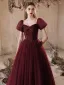 Chic / Beautiful Burgundy Glitter Prom Dresses 2024 A-Line / Princess Square Neckline Puffy Short Sleeve Backless Floor-Length / Long Prom Formal Dresses