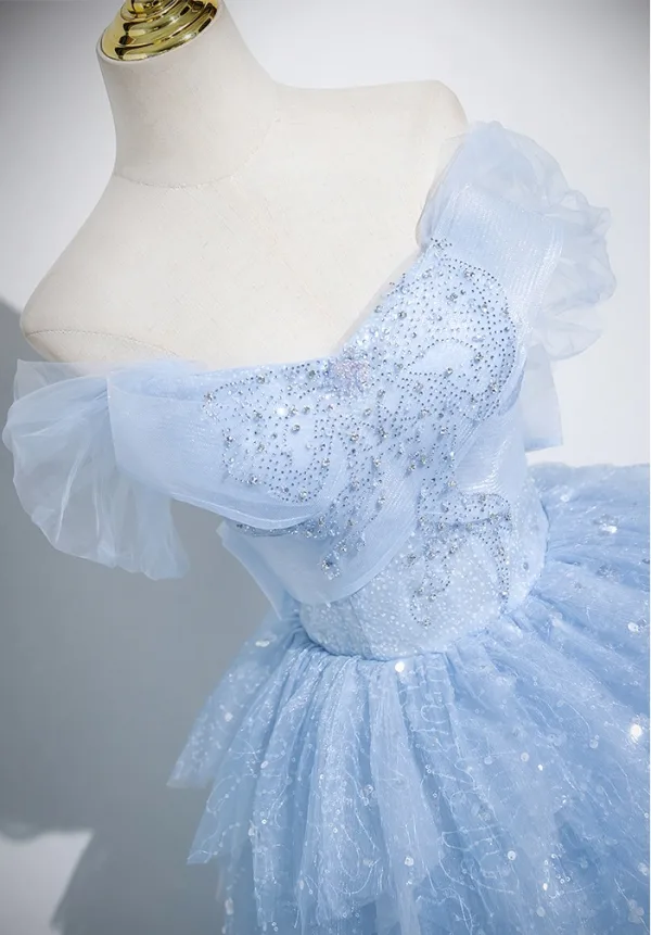 Bling Bling Sky Blue Glitter Sequins Prom Dresses 2025 Ball Gown Strapless Sleeveless Backless Floor-Length / Long Prom Formal Dresses