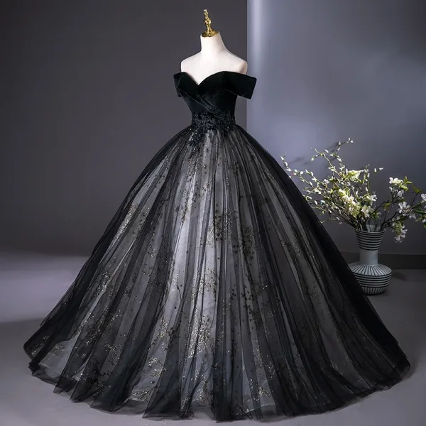 Elegant Black Beading Sequins Lace Flower Prom Dresses 2025 Ball Gown Off-The-Shoulder Short Sleeve Backless Floor-Length / Long Prom Formal Dresses