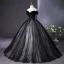 Elegant Black Beading Sequins Lace Flower Prom Dresses 2025 Ball Gown Off-The-Shoulder Short Sleeve Backless Floor-Length / Long Prom Formal Dresses