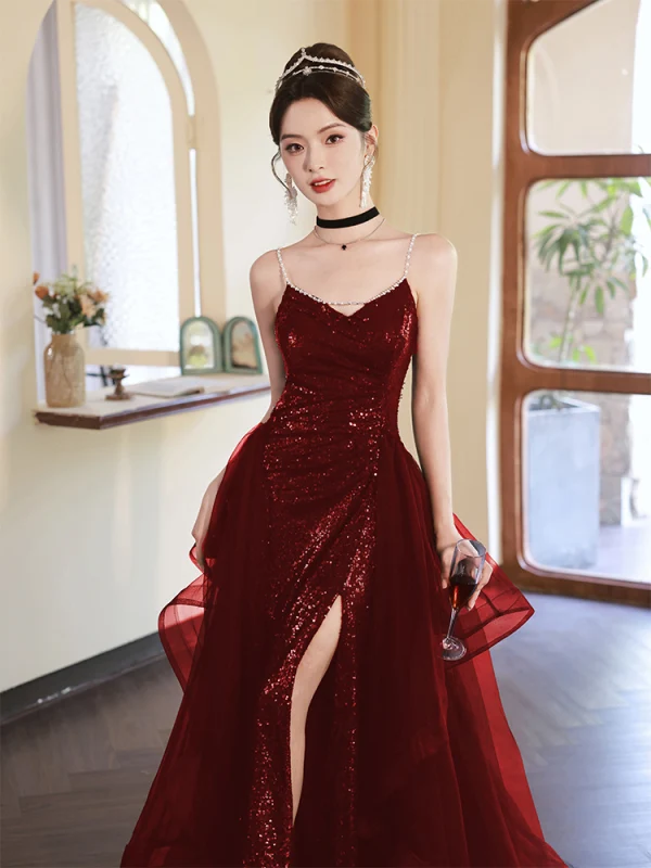 Sexy Glitzernden Burgunderrot Pailletten Abendkleider 2023 Meerjungfrau Perle Spaghettiträger Ärmellos Rückenfreies Gespaltete Front Lange Festliche Kleider