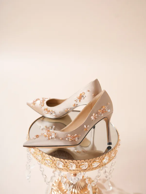 Elegant Champagne Beading Leather Wedding Shoes 2026 8 cm Stiletto Heels Pointed Toe Wedding Pumps High Heels
