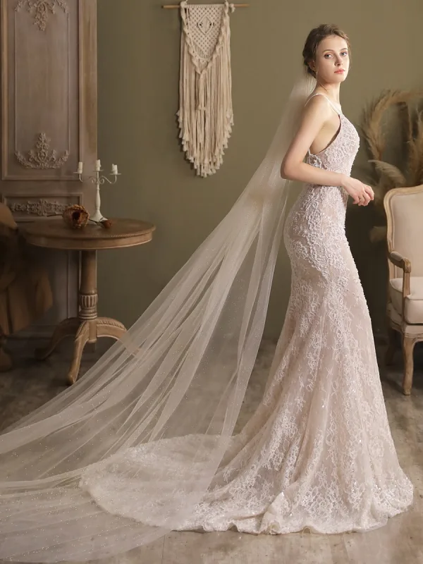 Modest / Simple White Glitter Sweep Train 2 m Wedding Veils 2025