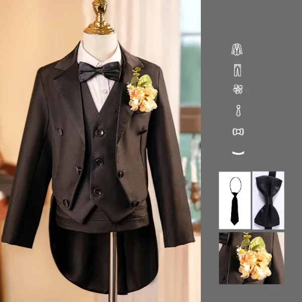 Black 6-piece Long Sleeve Boys Wedding Suits 2024 Body Jewellery Coat Pants Shirt Tie Vest