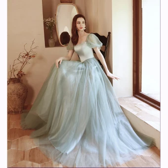 Chic Belle Vert Cendré Robe De Bal 2022 Princesse Encolure Carrée Gonflée Manches Courtes Noeud Faux Diamant Longue Robe De Ceremonie
