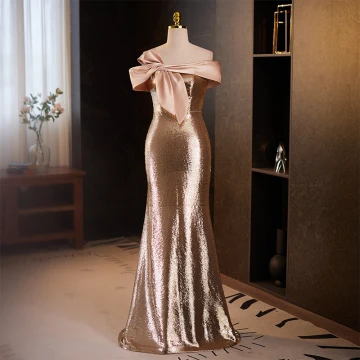 Scintillantes Sexy Doré Paillettes Robe De Soirée 2023 Trompette Sirène Une Épaule Noeud Sans Manches Dos Nu Longue Soirée Robe De Ceremonie