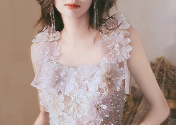 Charming Blushing Pink Beading Sequins Appliques Prom Dresses 2024 A-Line / Princess Square Neckline Sleeveless Backless Floor-Length / Long Prom Formal Dresses