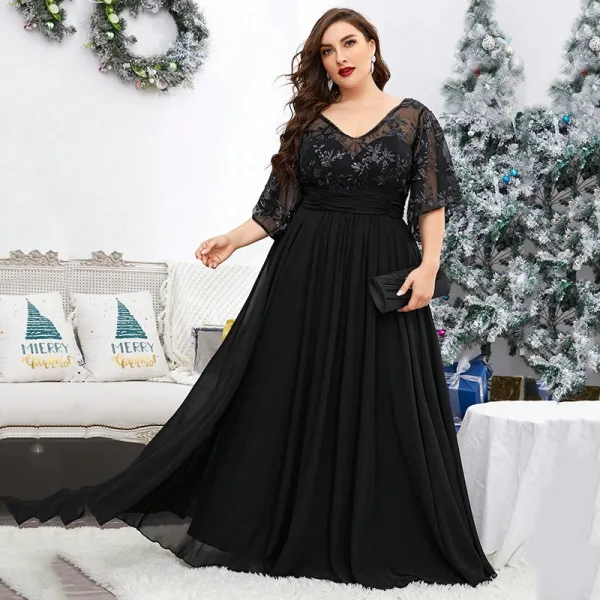 Chic / Beautiful Black Lace Flower Plus Size Evening Dresses 2025 A-Line / Princess V-Neck Short Sleeve Floor-Length / Long Tulle Evening Party Formal Dresses