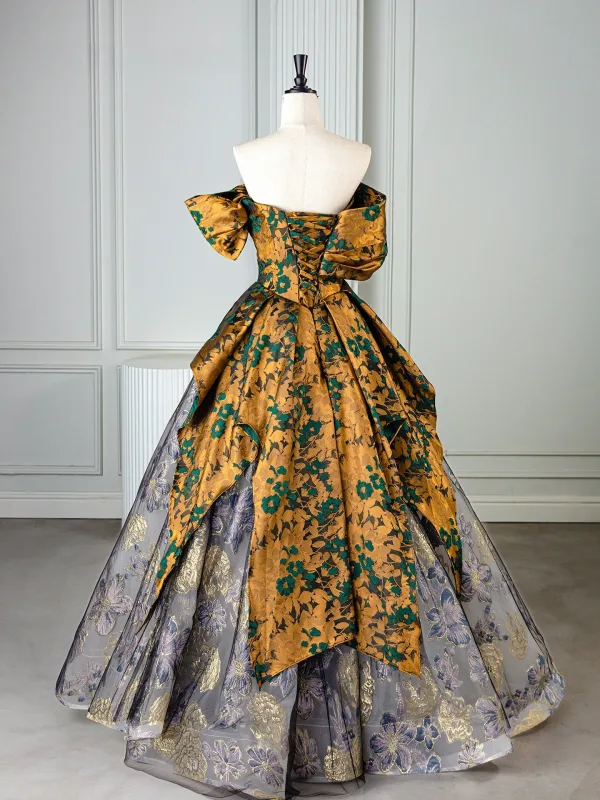 Vintage / Retro Tan Printing Prom Dresses 2025 Ball Gown Off-The-Shoulder Short Sleeve Backless Floor-Length / Long Formal Dresses