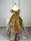 Vintage / Retro Tan Printing Prom Dresses 2025 Ball Gown Off-The-Shoulder Short Sleeve Backless Floor-Length / Long Formal Dresses